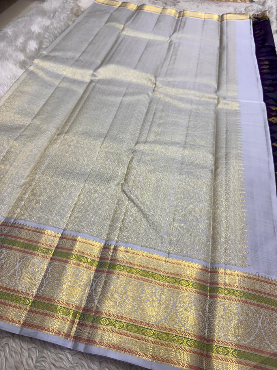 Dual-Tone Peacock Green-Purple Kanjivaram Silk Saree.